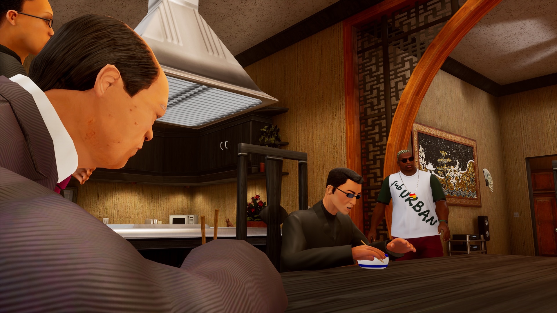 Carl meeting Wu Zi Mu’s boss, who is tonsils-deep in a bowl of noodles.