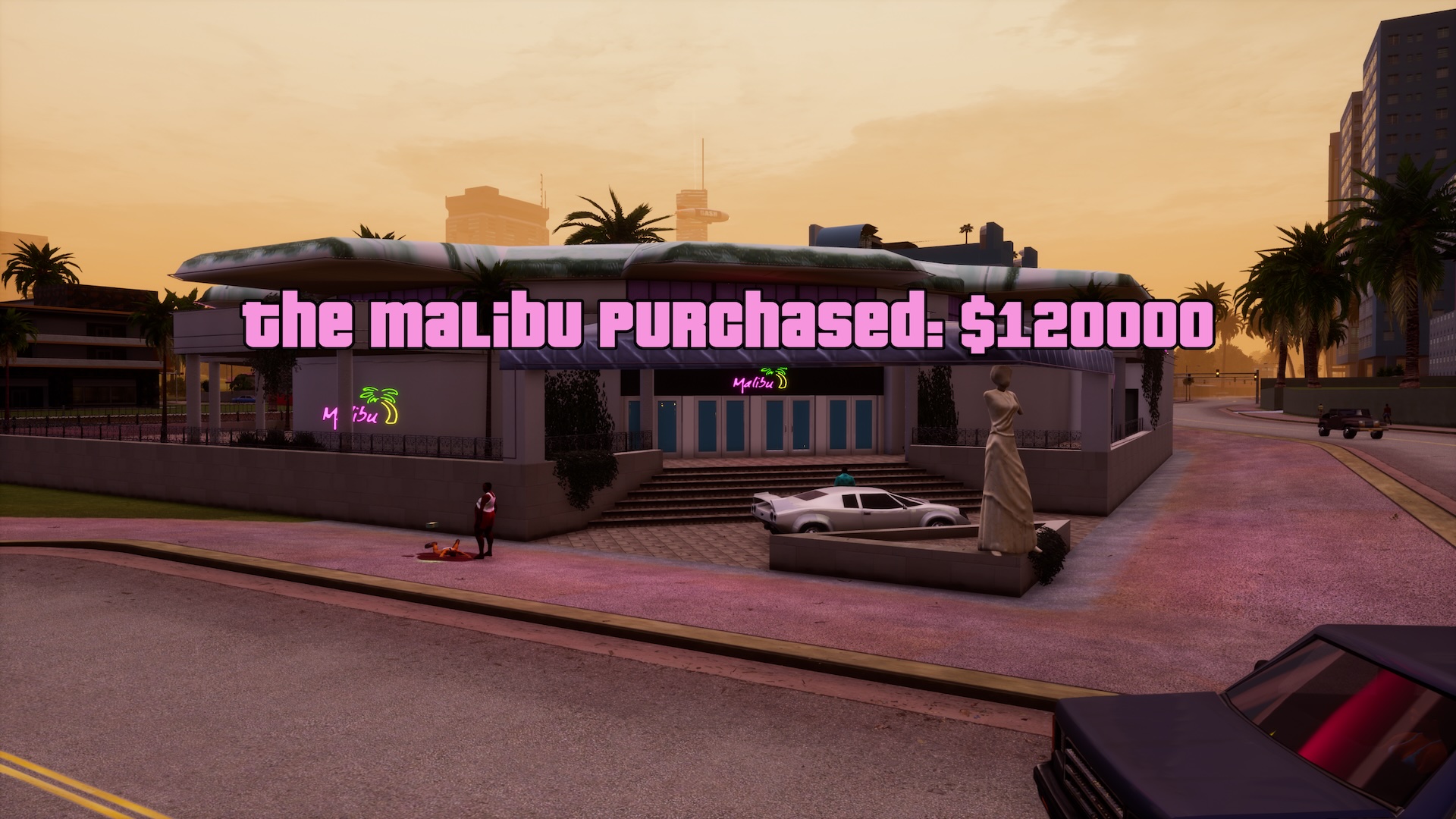 The Malibu Club in GTA Vice City, showing the text which appears when you first purchase it for $120k. Outside the club is, appropriately, a person lying in their own blood from where the player character just ran them over in a Temu-Ferrari.